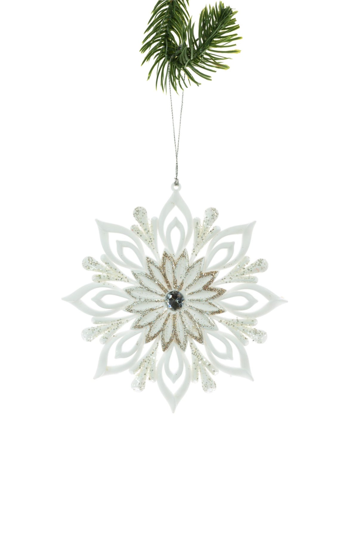 5.5" Round Hanging White and Silver Snowflake Ornament