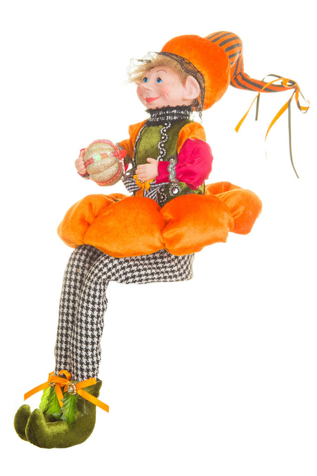 26" Sitting Velveteen Orange and Green Cotton Impish Elf Doll with Pumpkin Suit