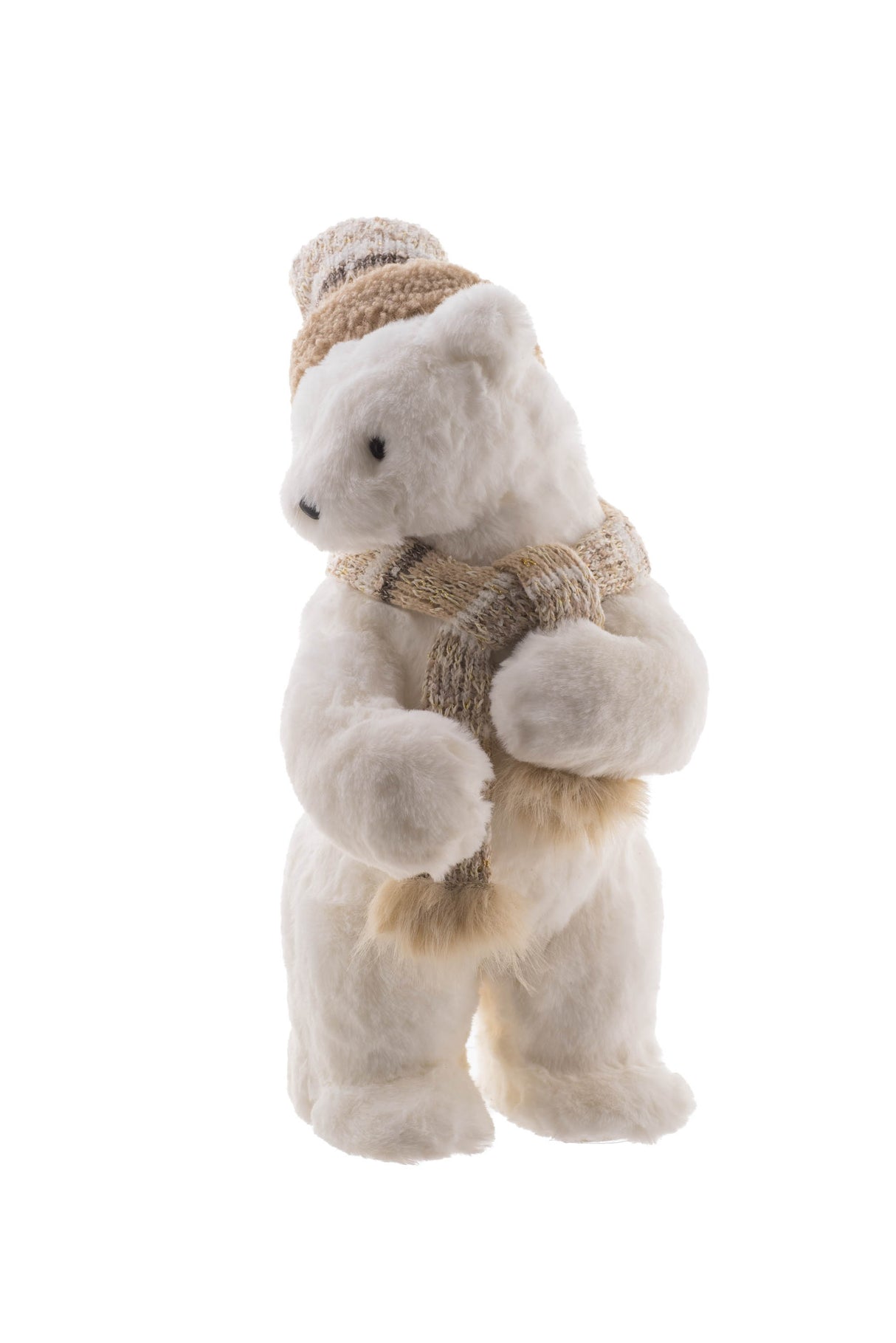 15.5" Striped White and Beige Furry Bear Figurine