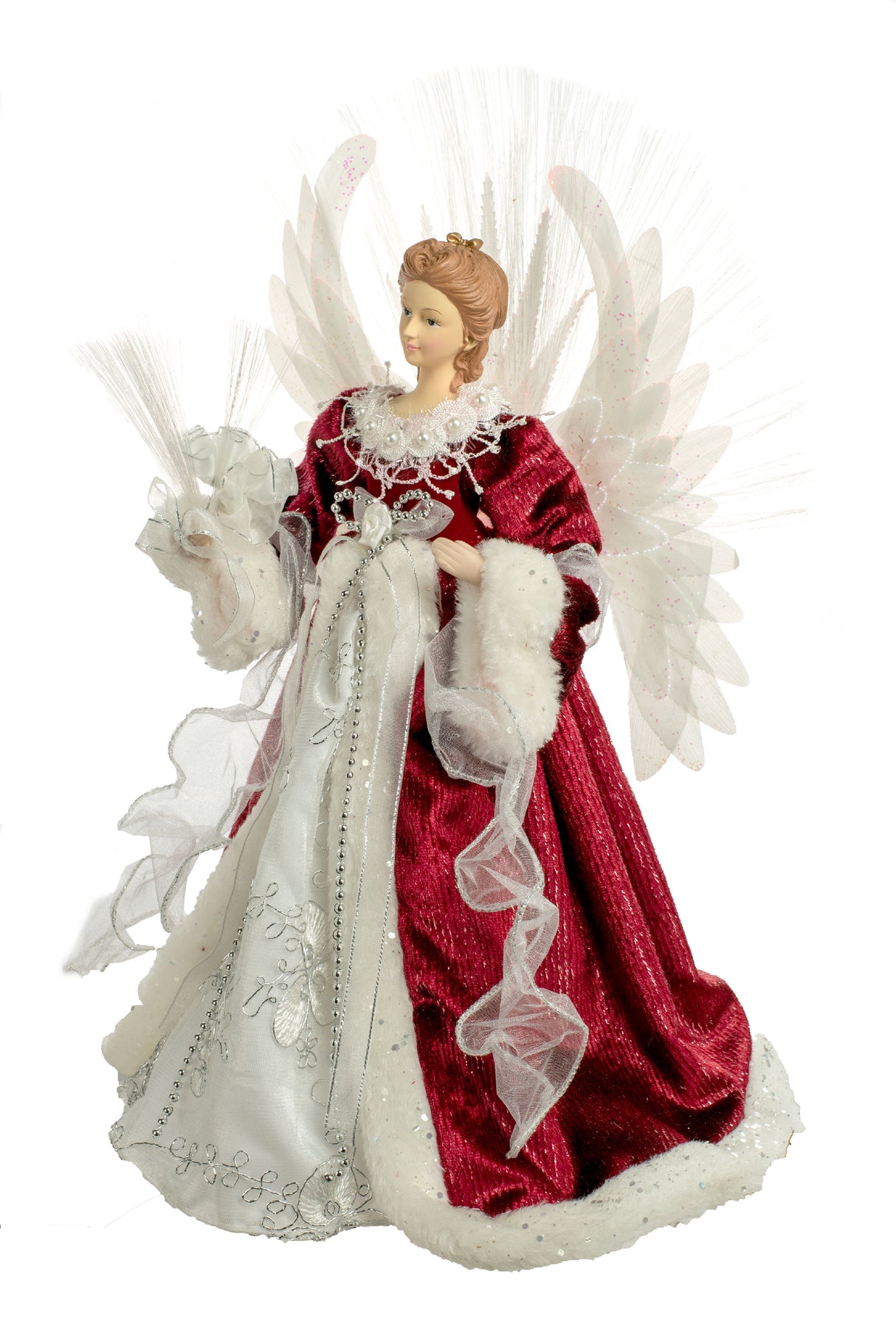 18" Red and White Cloth Large Modern Fiber Optic Angel Tree Topper
