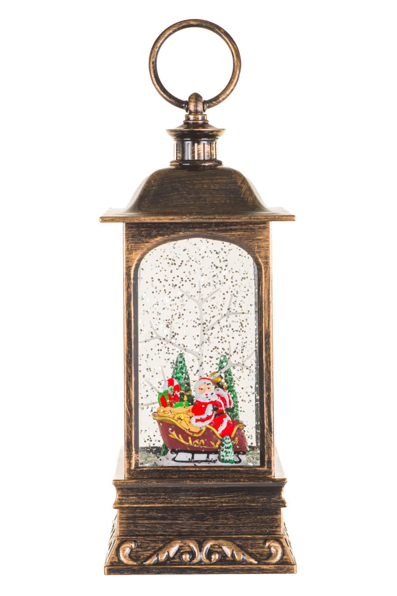 9.25" Musical Bronze Plastic Lantern Warm White LED Snow Globe with Santa In Sleigh