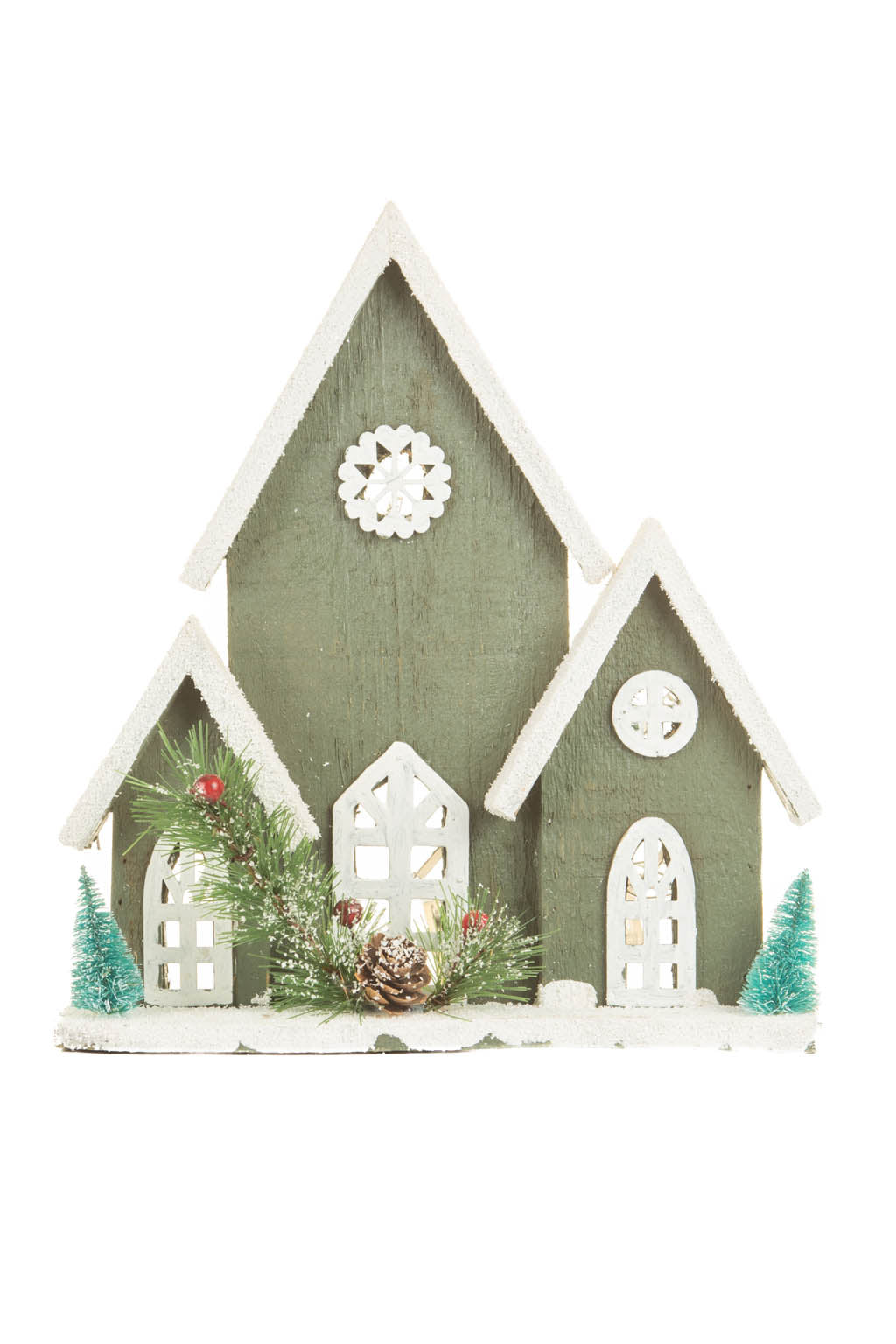 12" White and Dark Olive Wood Winter Cabin Warm White LED Display