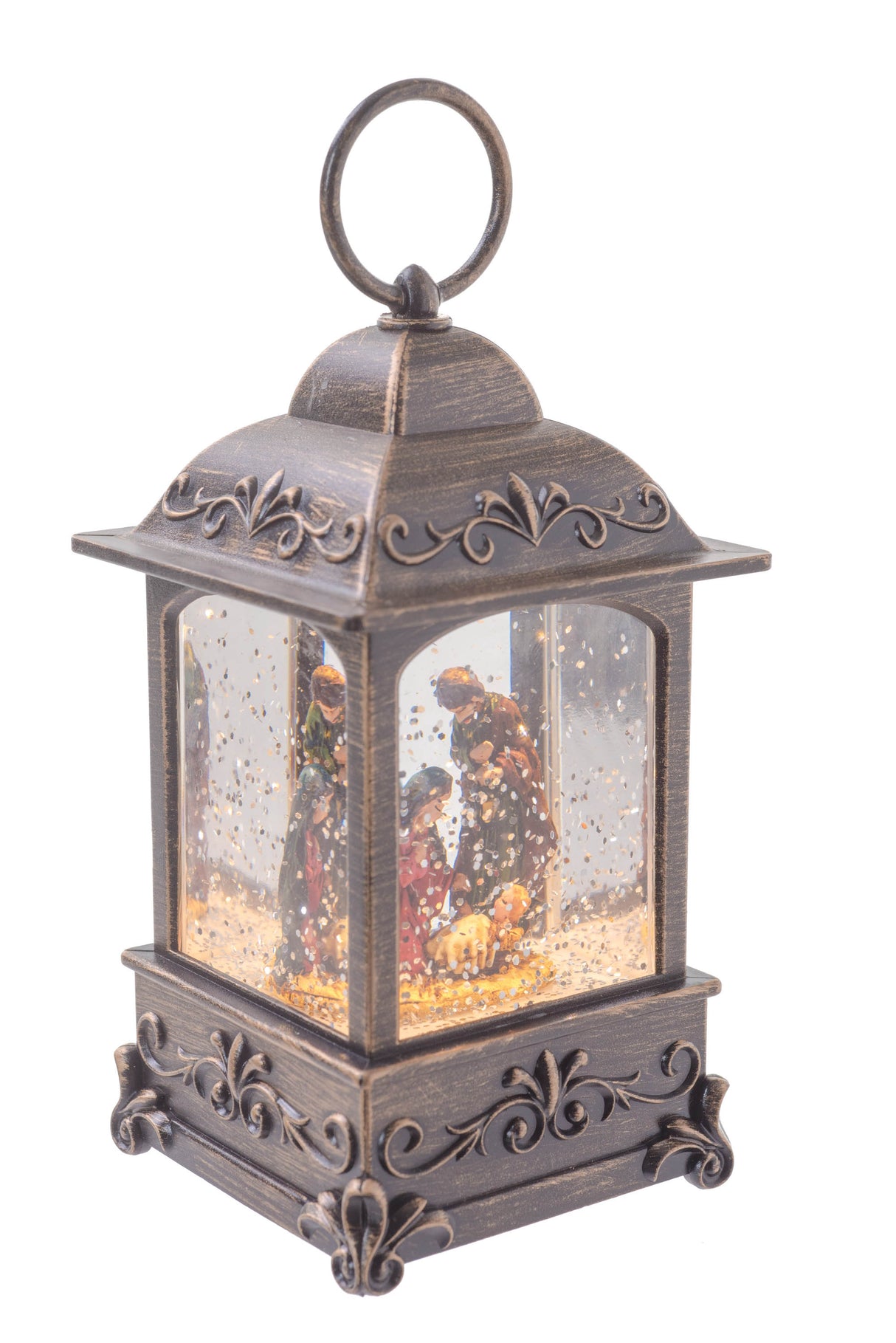 5.25" Mini Brown Plastic Square Lantern LED Snow Globe with Nativity Figurine