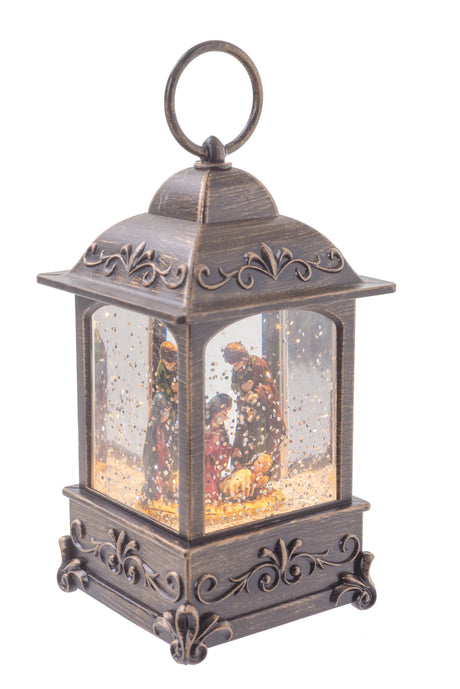 5.25" Mini Brown Plastic Square Lantern LED Snow Globe with Nativity Figurine
