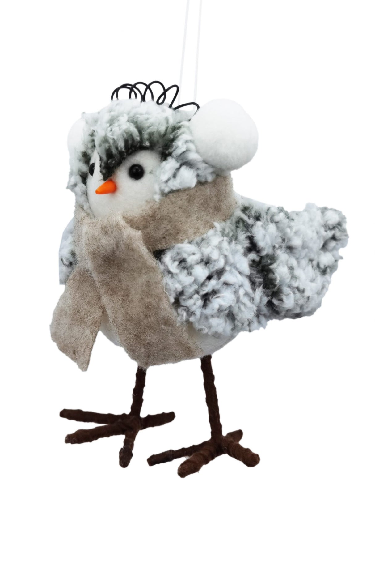 7" Hanging Gray and White Cloth Bird Ornament with Earmuffs