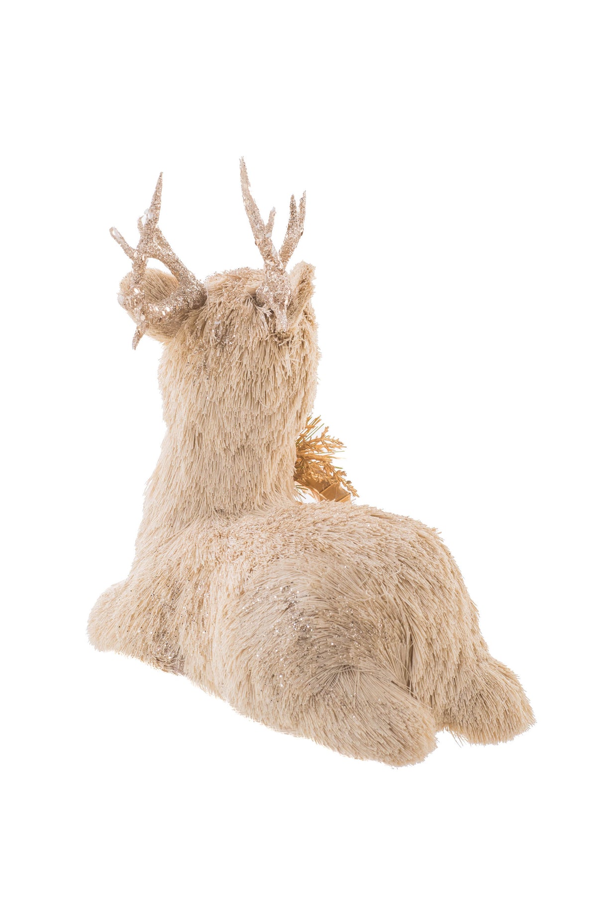10.5" Resting Striped Cream Straw Fur Deer Figurine with Gold Spray