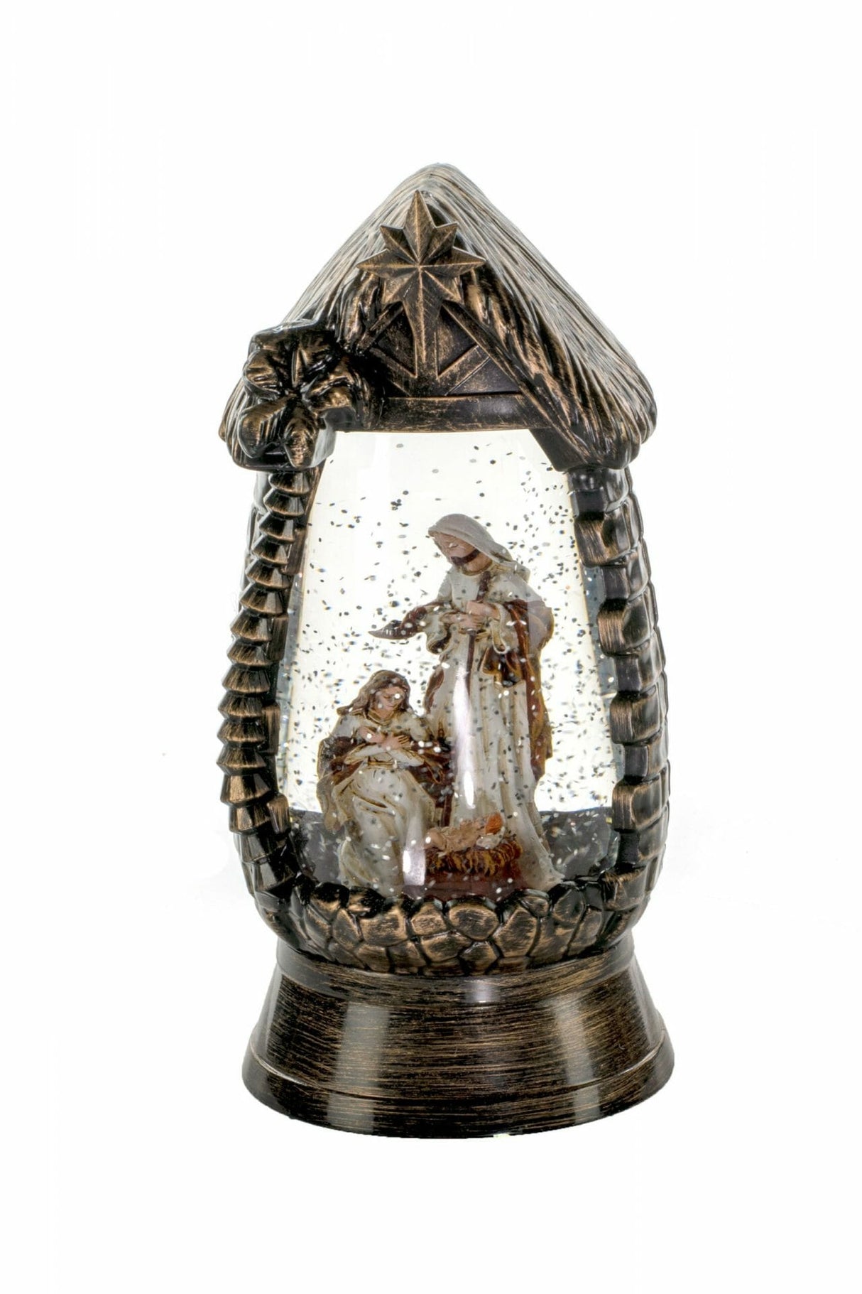 10" Gold and Black Ornate Manger Warm White LED Snow Globe with Nativity Scene