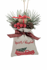 5.5" Hanging Ivory Cloth Gift Bag Ornament with "Merry Christmas" and Red Truck