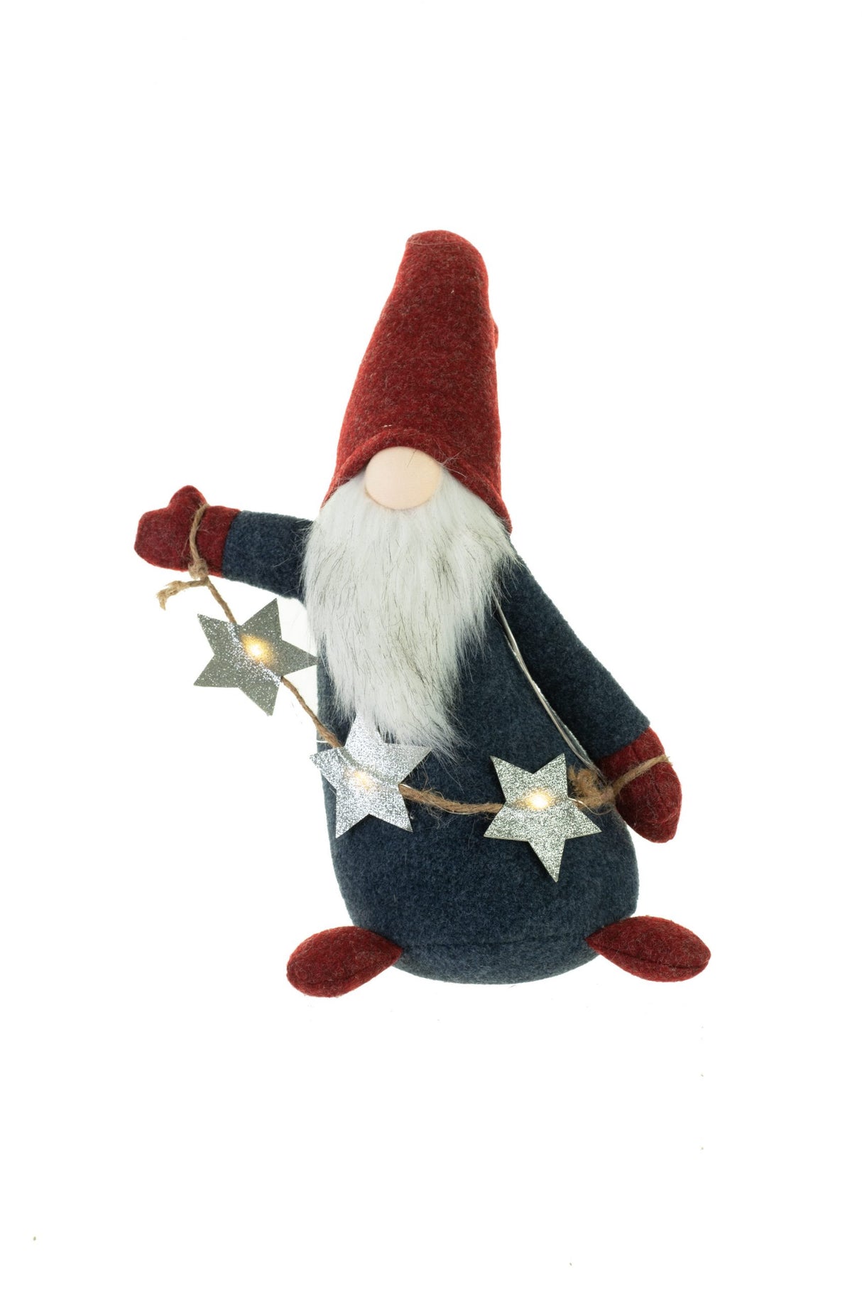 17.5" Plaid Blue and Red Cloth Waving LED Gnome with Star Garland