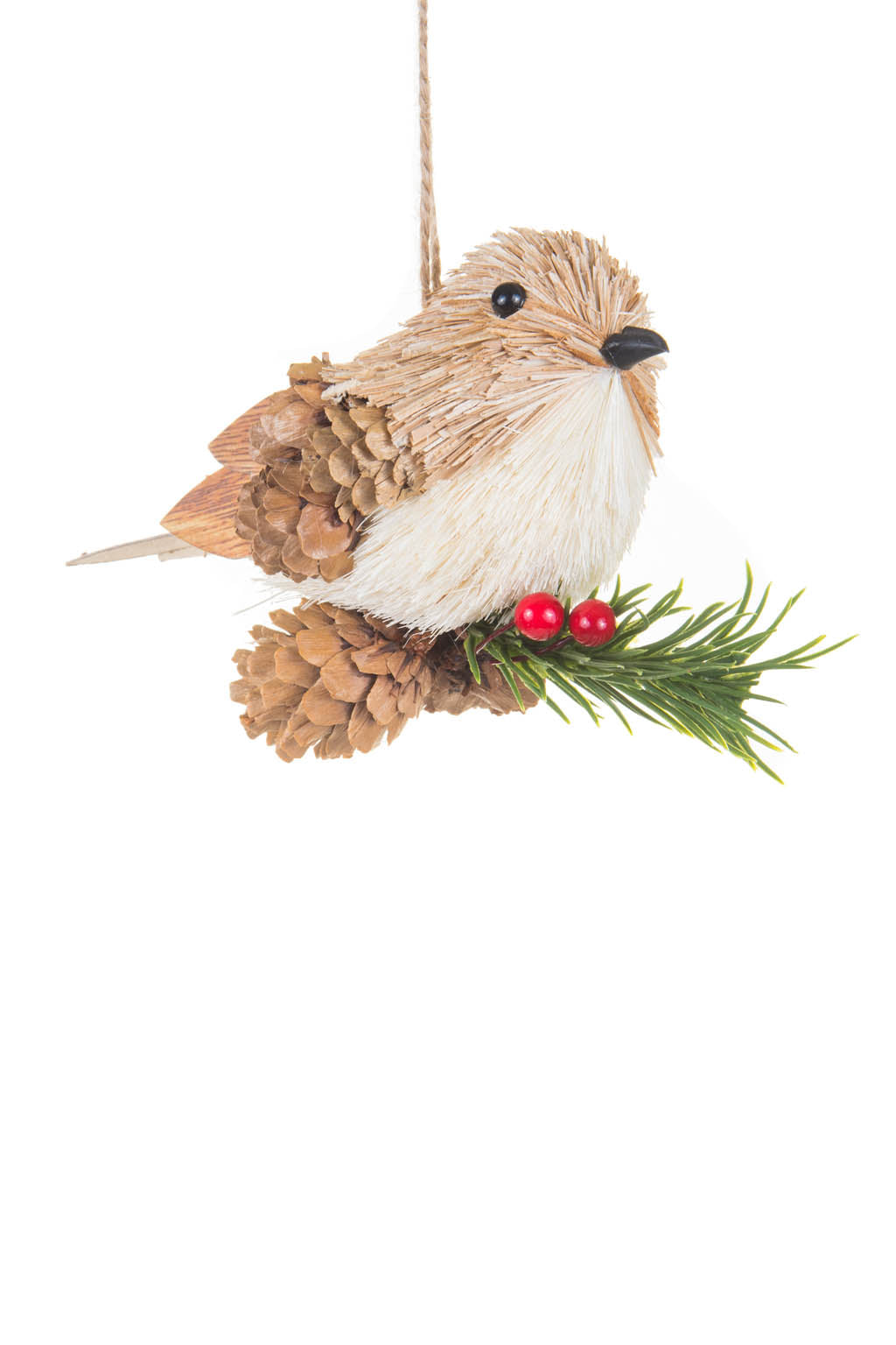 5.5" Hanging Tan Straw Pinecone Bird Ornament Sitting On Spray