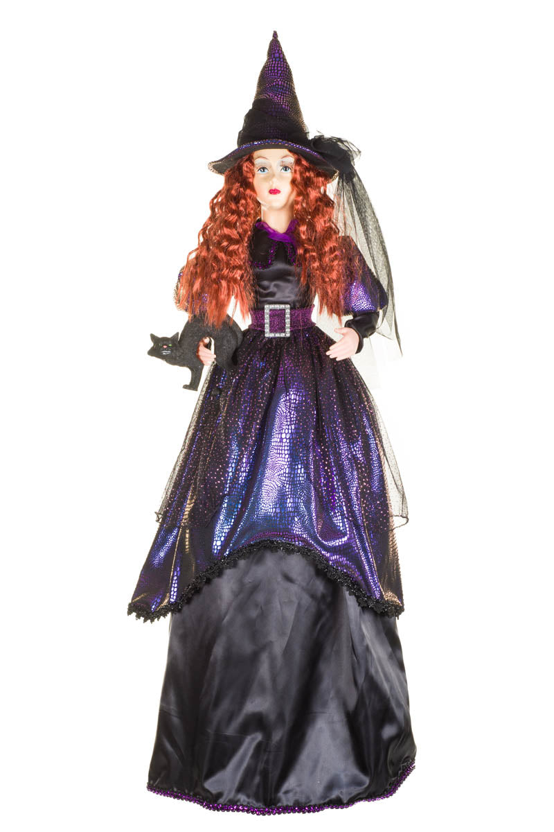 36" Sparkly Violet Fabric Witch Figure with Scaredy Cat