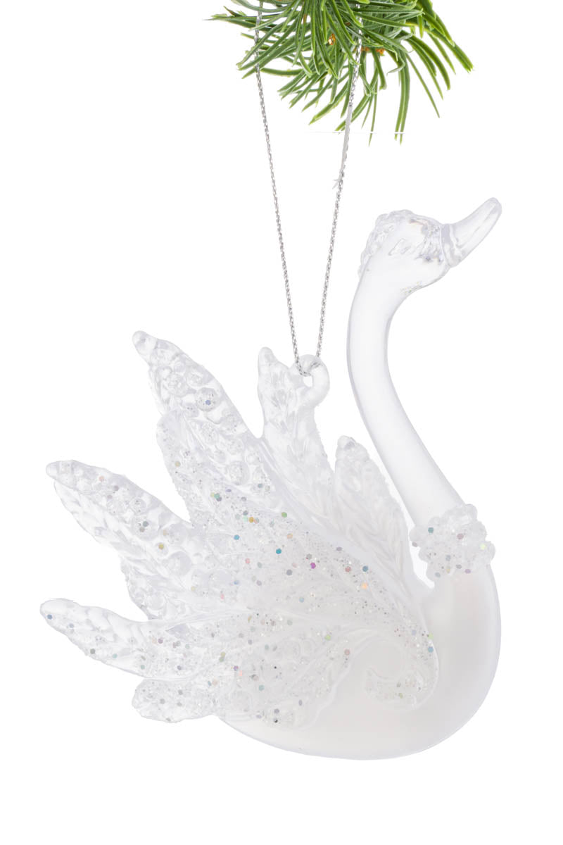 4.5" Elegant Hanging White Acrylic Glancing Swan Ornament - 2 Styles