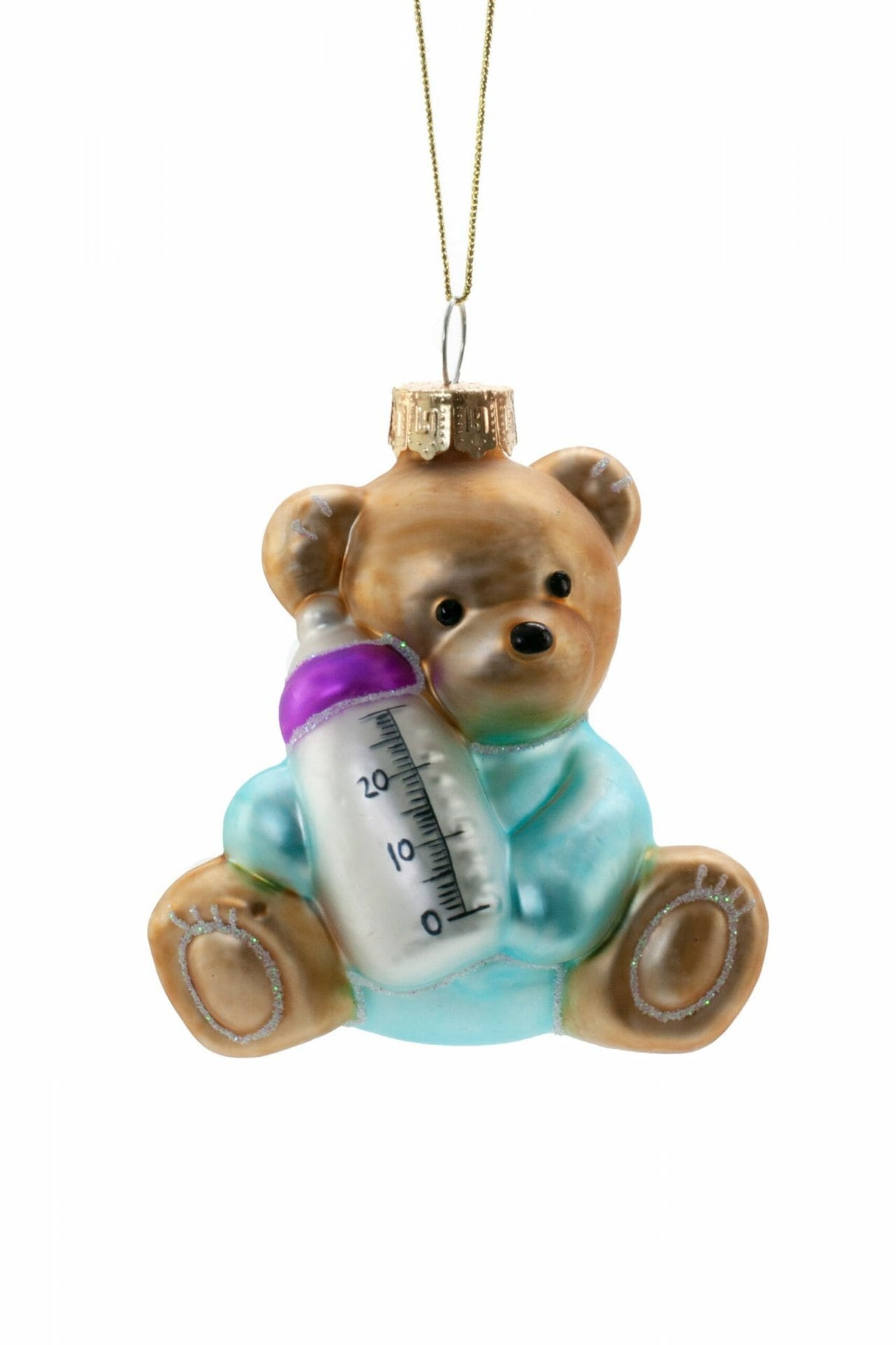 3" Hanging Gold and Blue Glass Baby Bear Ornament with Milk Bottle
