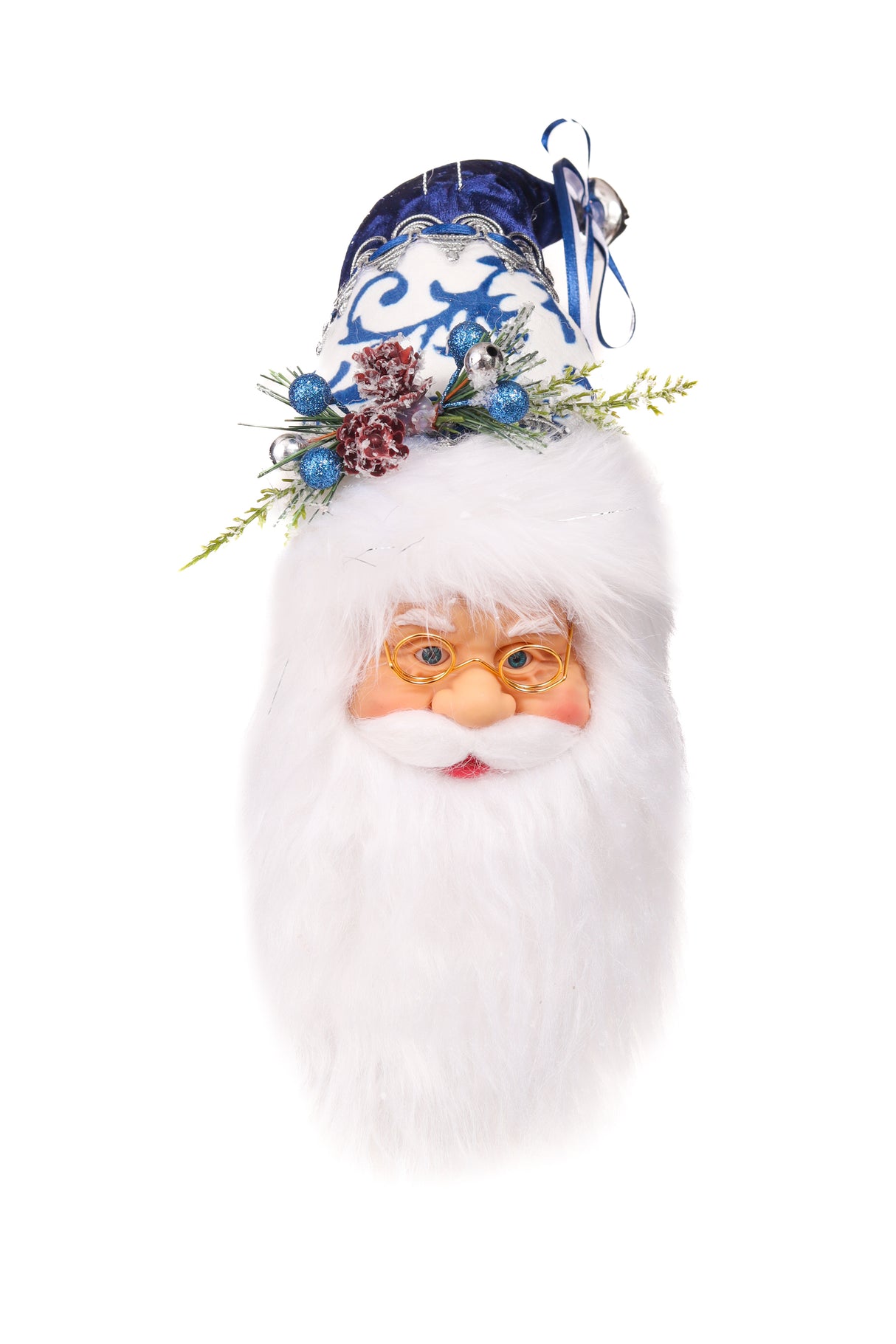 14" Hanging Royal Blue and White Cotton Santa Head Ornament