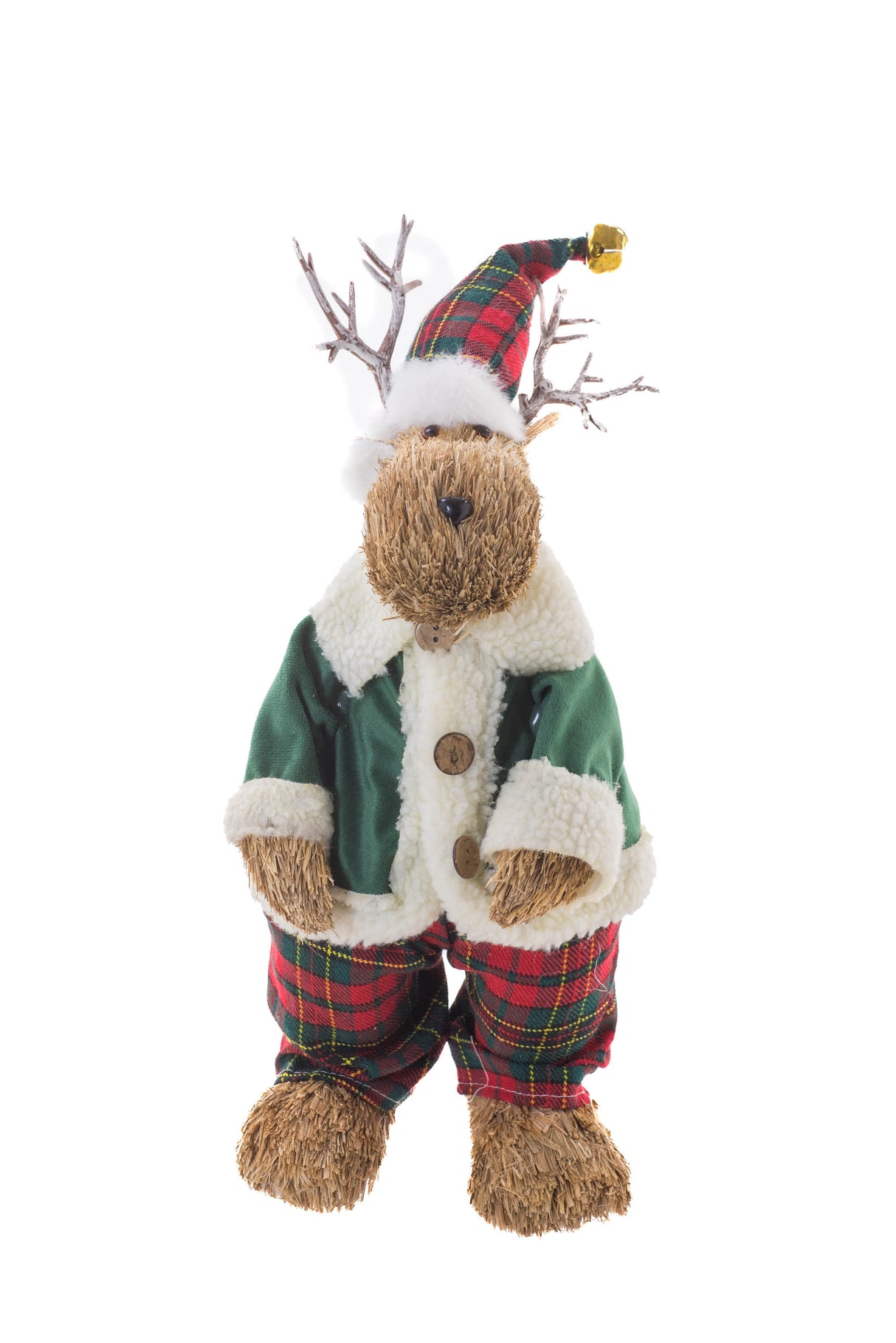 16" Brown and Green Wood Straw Reindeer Figurine with Pants