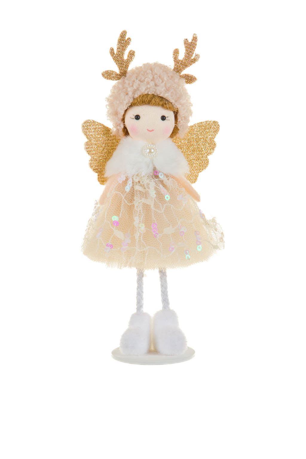 6.25" Sequin White and Gold Polyester Cherubic Flying Angel Ornament with Dangling Legs