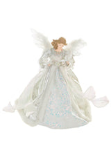 15" Sequin Silver and White Polyester Elegant Warm White LED Angel Tree Topper In Snowflake Dress