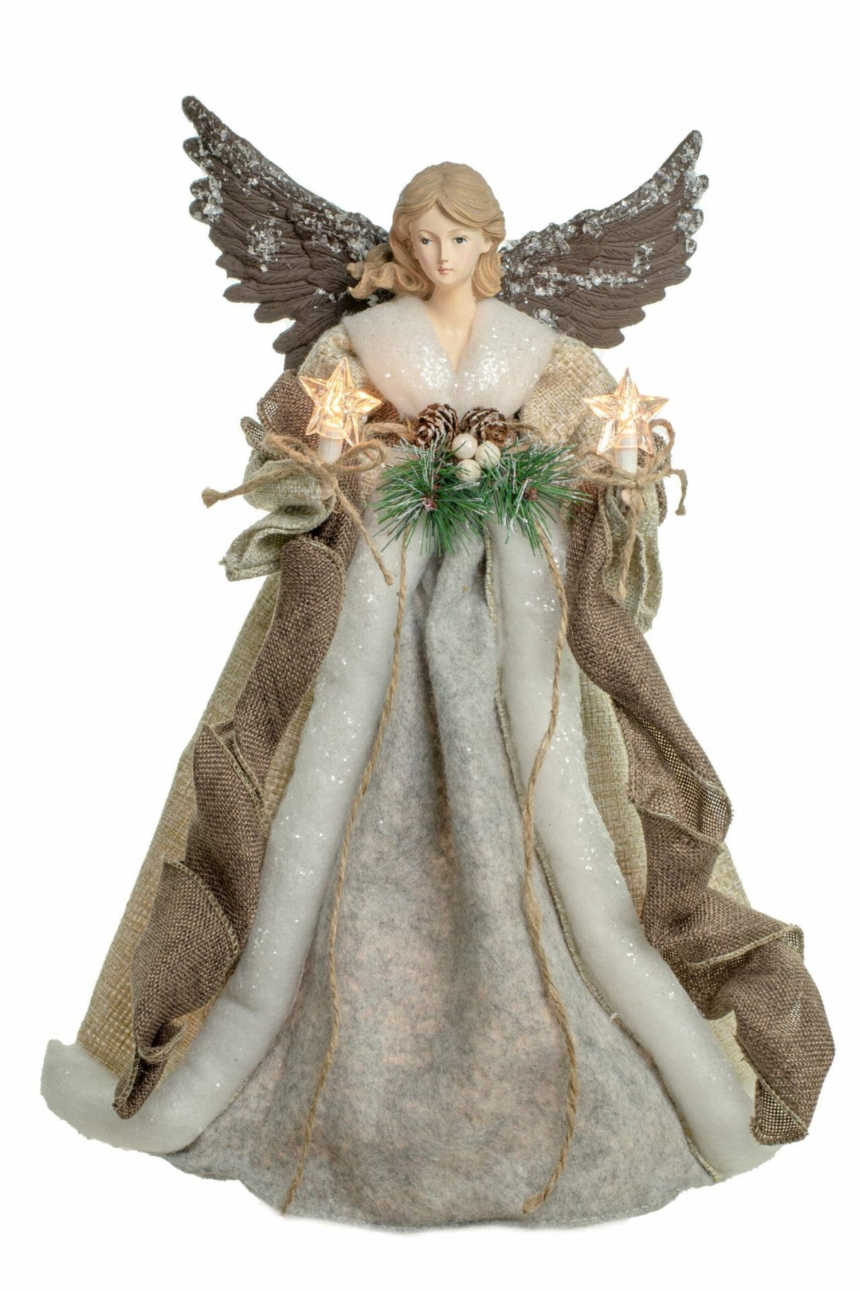 16" Taupe and Gray Rattan Modern 10-Light Angel Tree Topper with Holly Belt