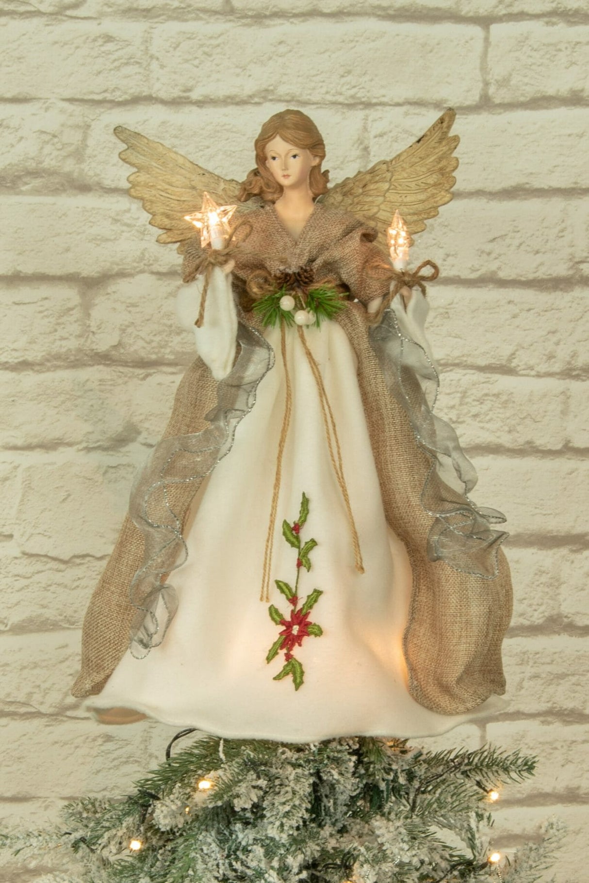 17" Brown and White Rattan Rustic 10-Light Angel Tree Topper