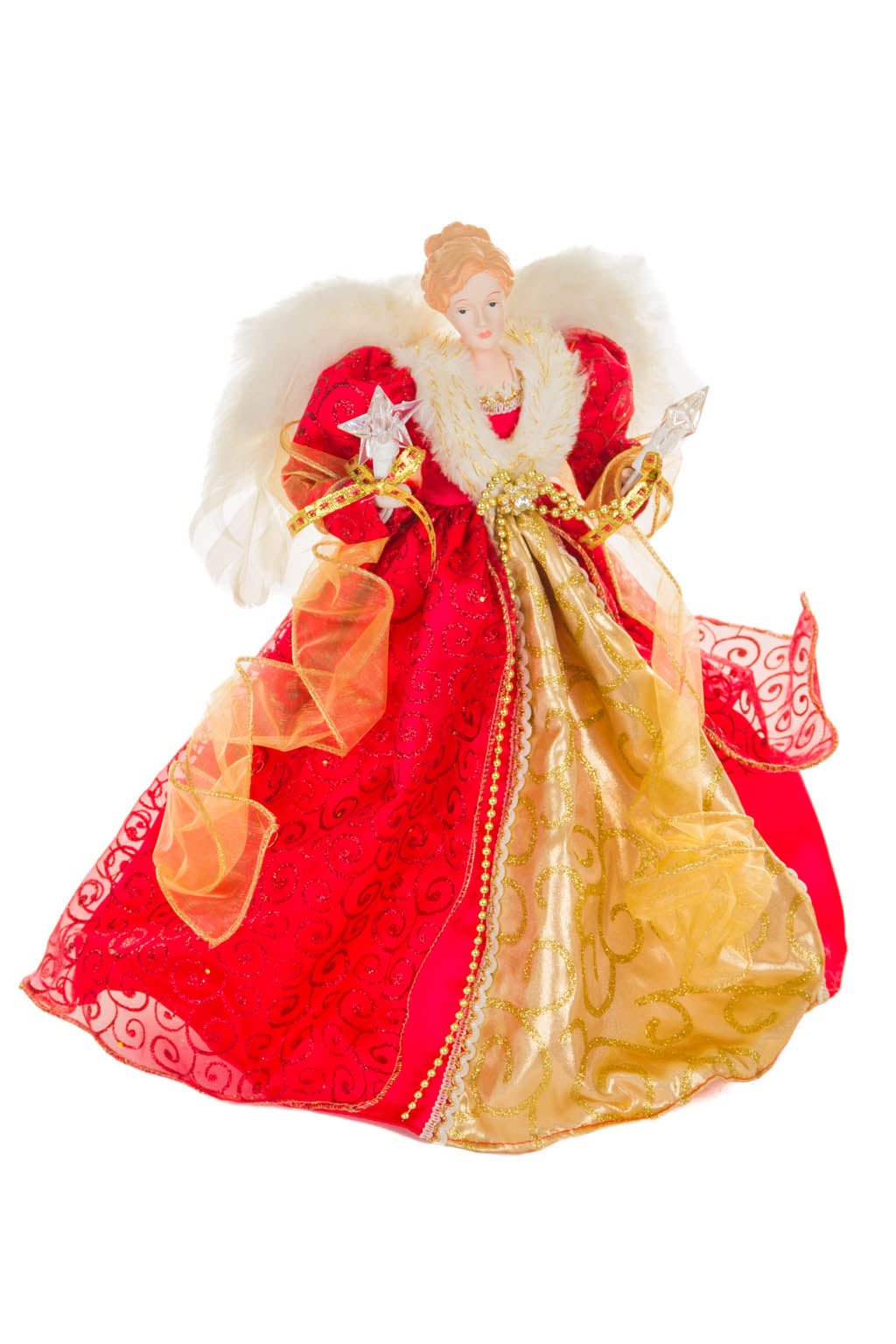 15"Red and Gold Polyester Elegant Warm White LED Angel Tree Topper with Glowing Stars