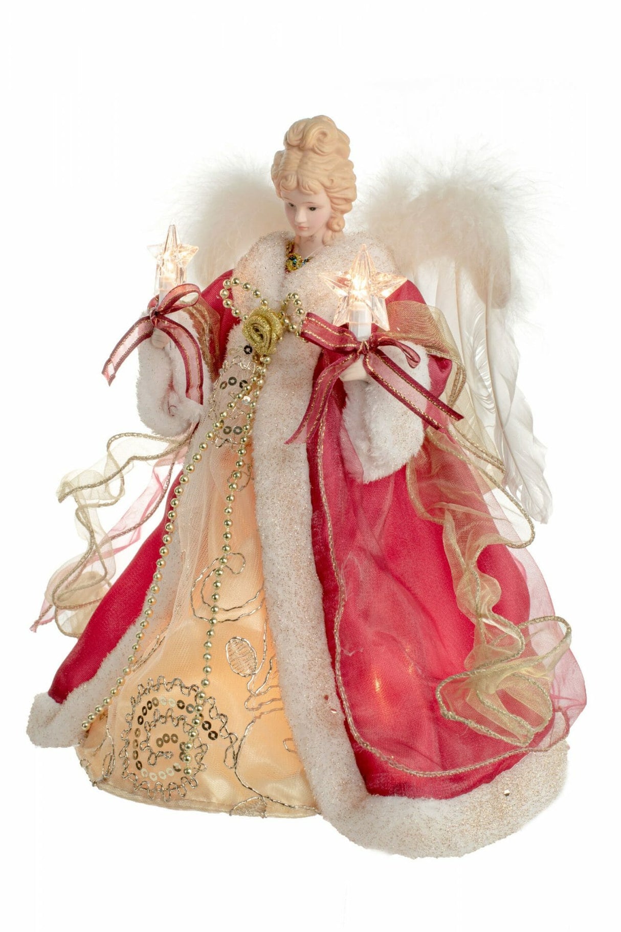 12" Red and Gold Cloth Vintage 10-Light Angel Tree Topper with White Fluffy Wings