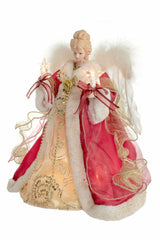 12" Red and Gold Cloth Vintage 10-Light Angel Tree Topper with White Fluffy Wings