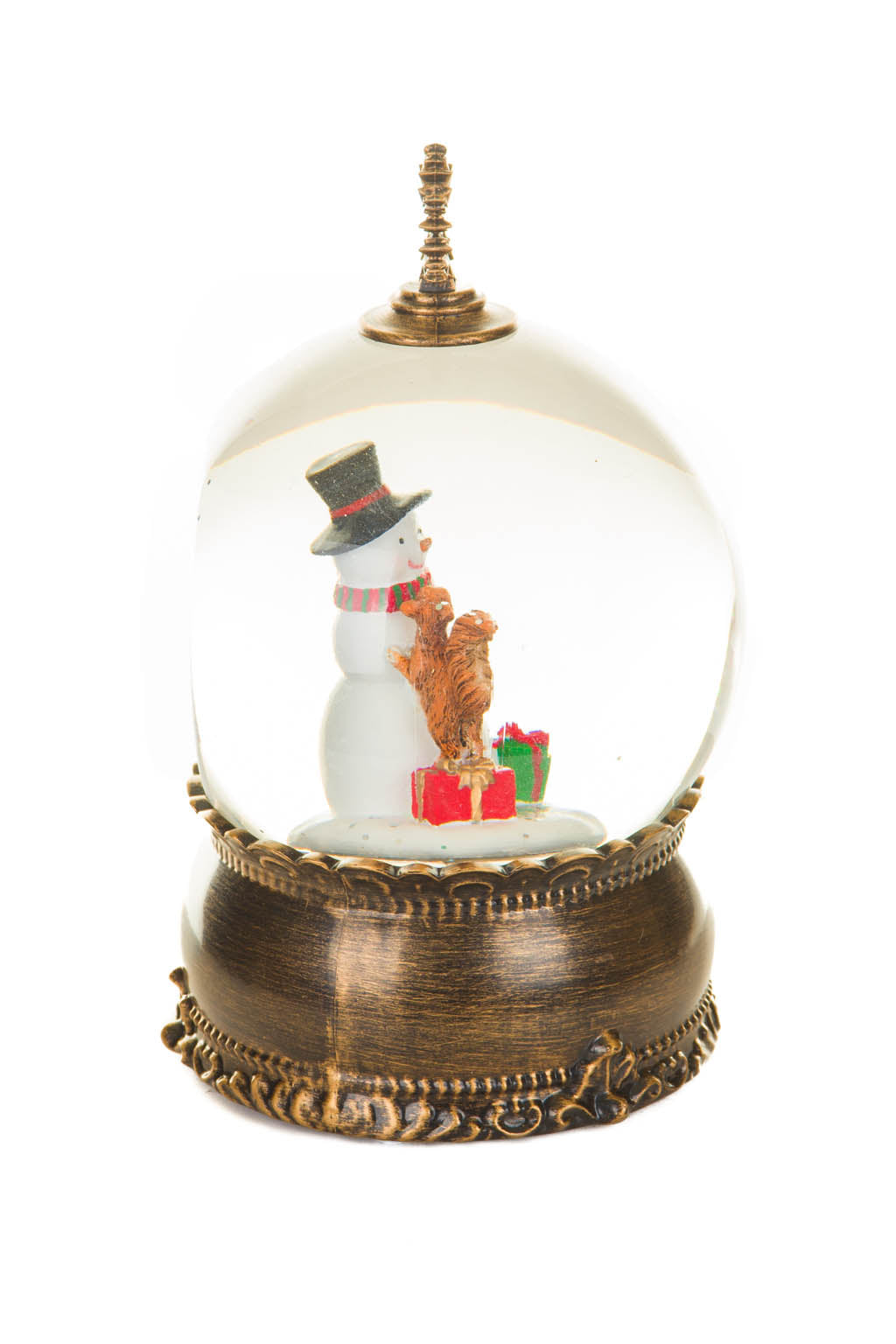 8" Brass Plastic Bauble Warm White LED Snow Globe with Snowman and Swirling Glitter