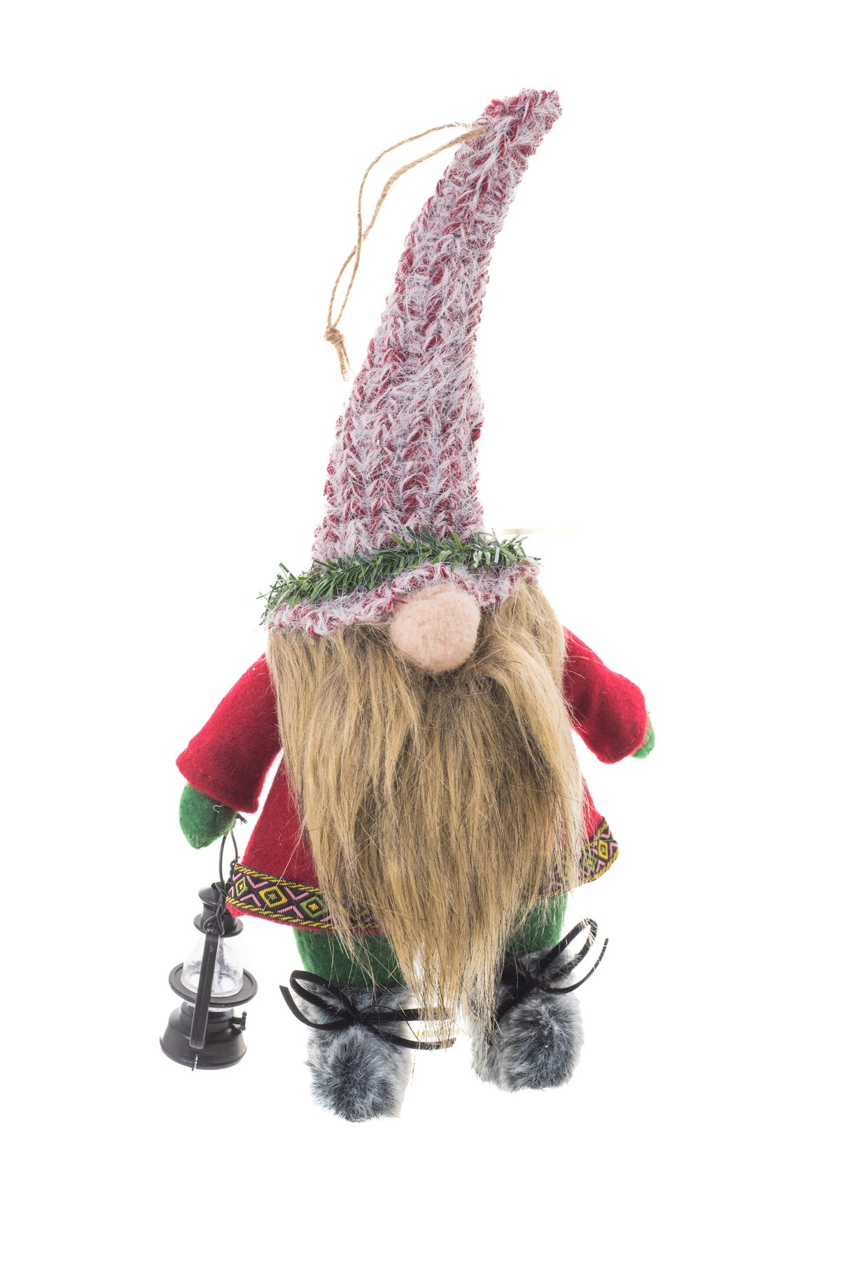13.5" Hanging Plaid Red and Brown Cloth Gnome Ornament