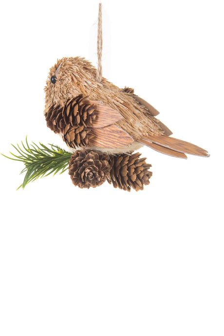 5.5" Hanging Tan Straw Pinecone Bird Ornament Sitting On Spray