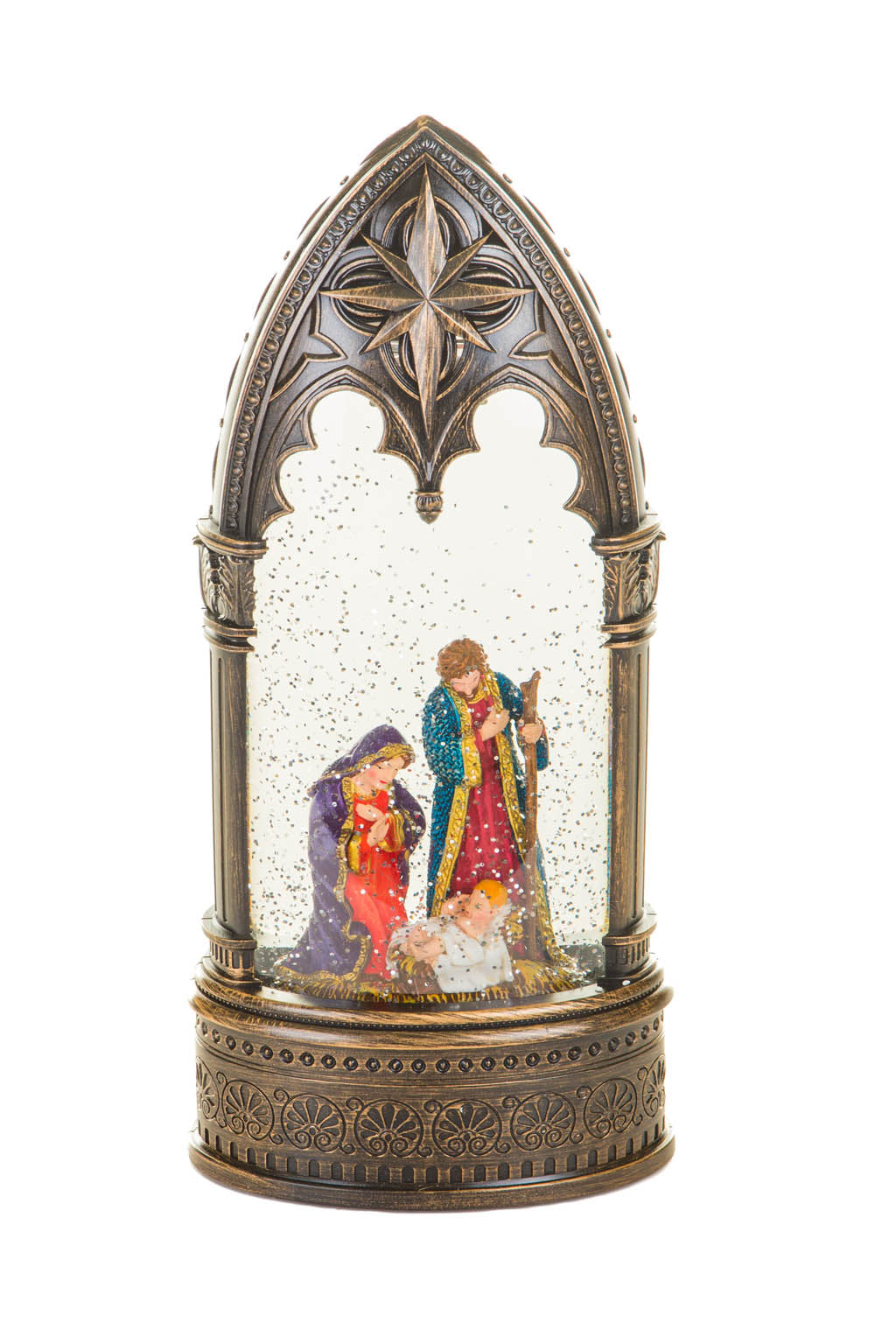 11.8" Bronze Plastic Nativity Warm White LED Snow Globe with Swirling Glitter