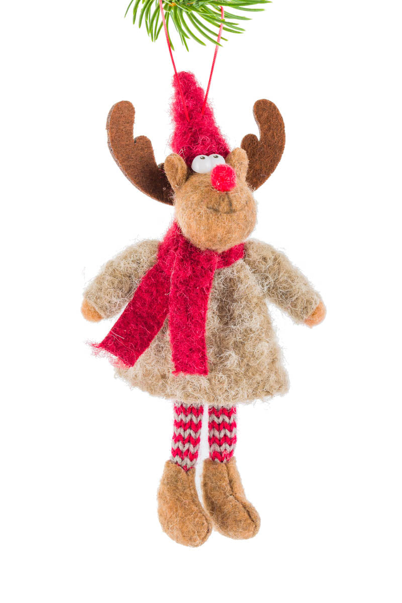 6.75" Hanging Brown Fabric Reindeer Doll with Scarf
