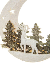 5" Hanging Platinum Acrylic Crescent Moon Ornament with Reindeer's Forest