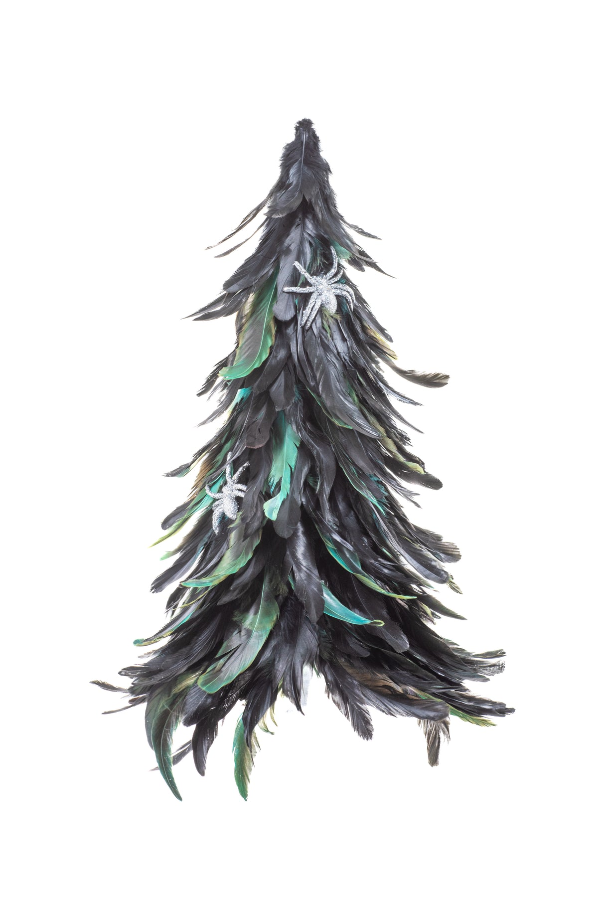 16" Striped Black and Green Polylon Feathered Tree with Silver Spiders