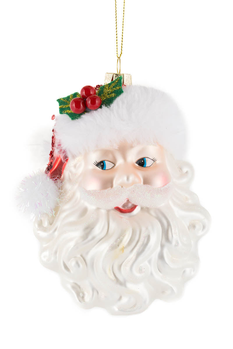 5.5" Hanging White and Red Glass Santa Head Ornament with Holly