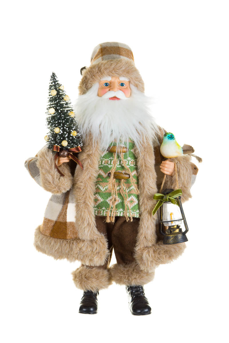 18.5" Gingham Brown and White Fabric Nature Loving Santa Figurine with Bird