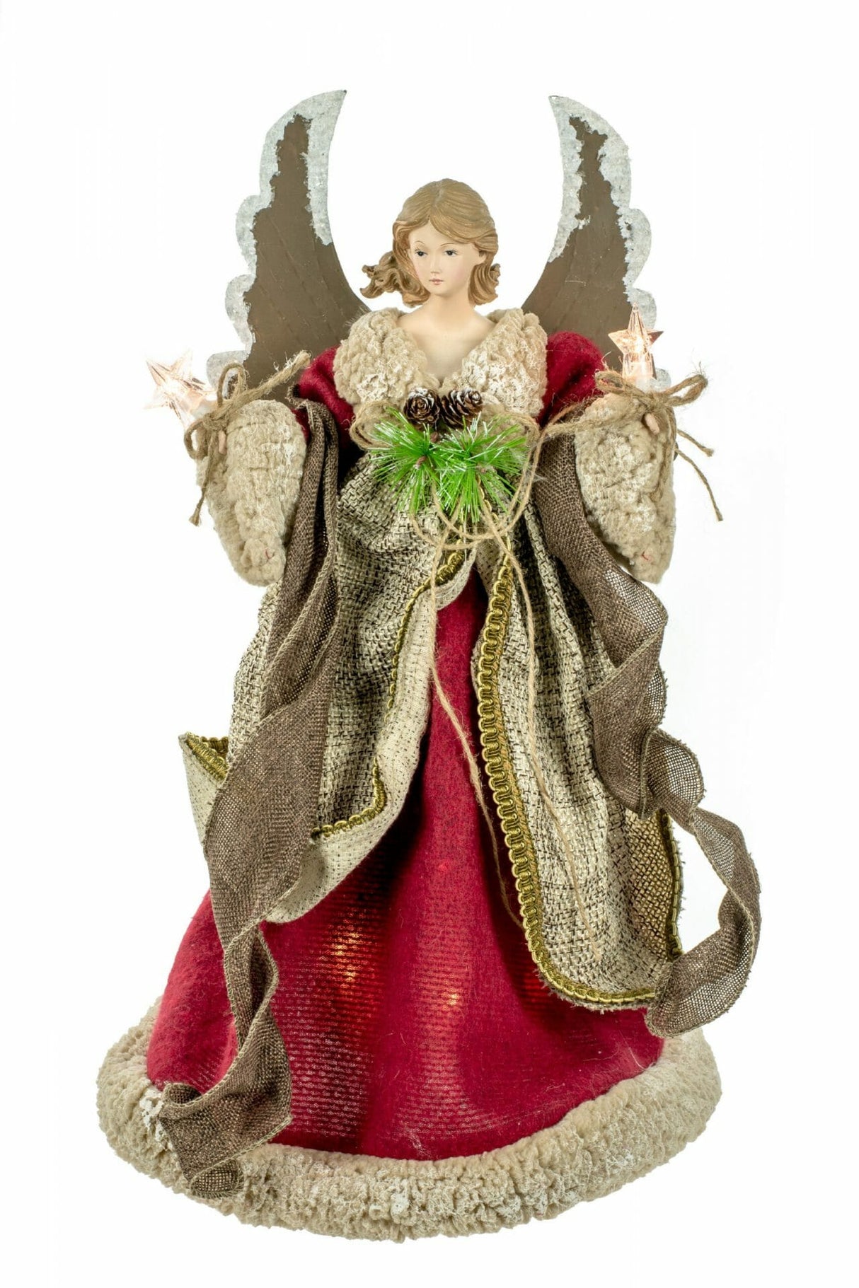 16" Burgundy Rattan Rustic 10-Light Angel Tree Topper with Metal Wings