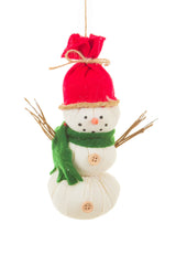 6" Hanging Off-White Cloth Chipper Snowman Wearing Red Hat