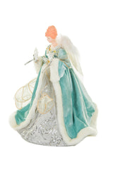 15" Turquoise and White Cotton Sleek Warm White LED Angel Tree Topper with Glowing Stars