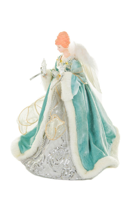 15" Turquoise and White Cotton Sleek Warm White LED Angel Tree Topper with Glowing Stars