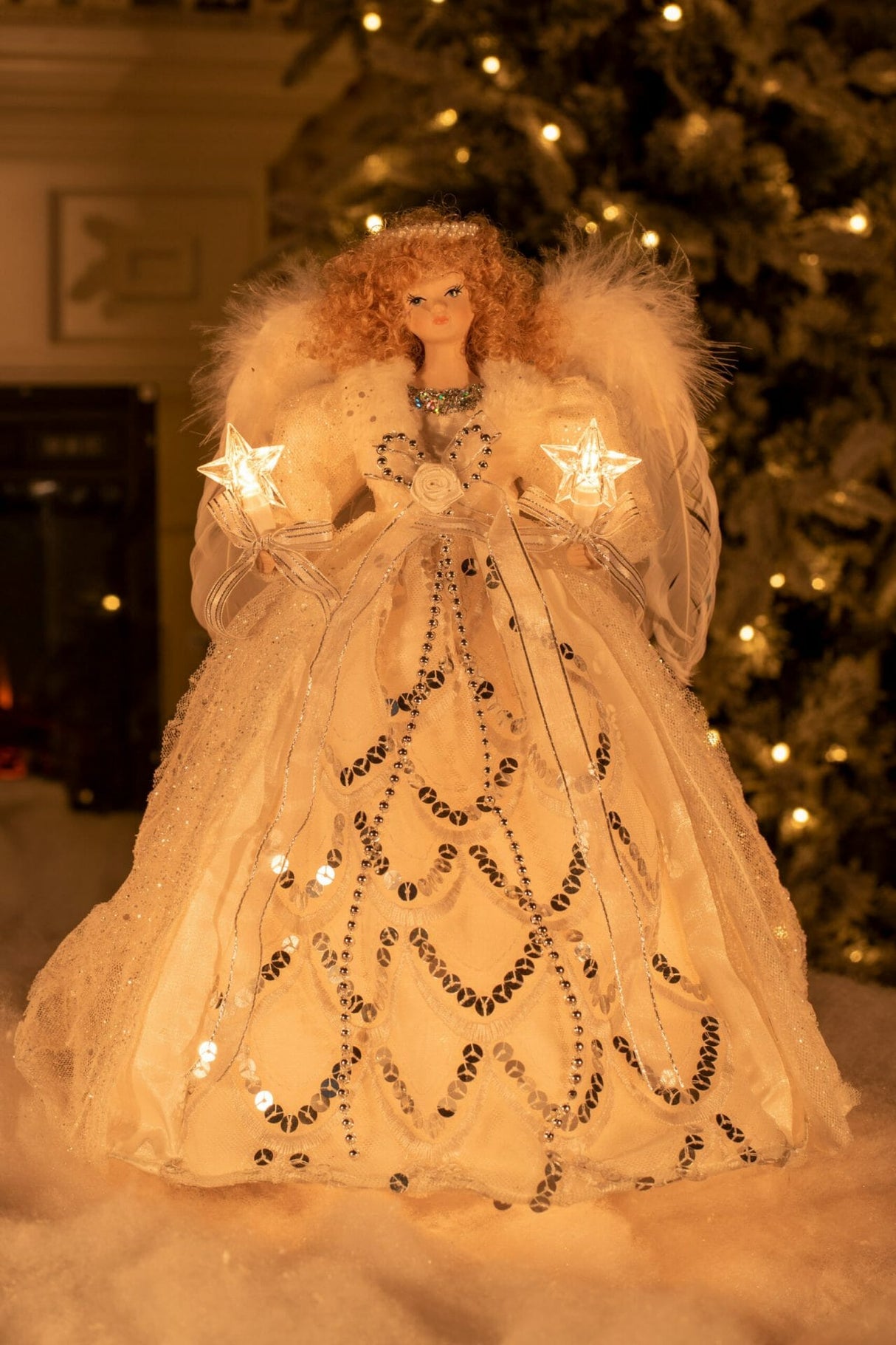 14" White and Silver Cloth Contemporary 10-Light Angel Tree Topper with Blonde Curly Hair