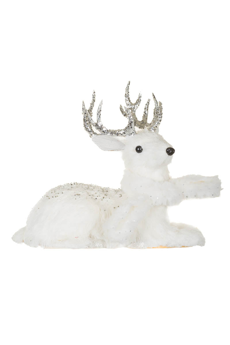 11.75" Furry White Fabric Reindeer Figurine with Silver Antlers