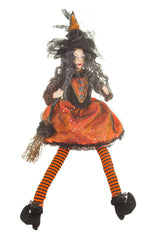 28" Sitting Orange and Black Cloth Compelling Witch Figure with Broomstick