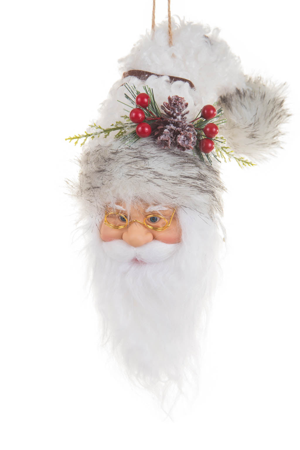 9.5" Hangable White Furry Santa Head Ornament
