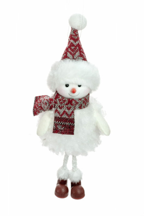7.5" Hanging White and Red Cloth Snowman Ornament