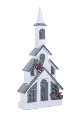 22" Geometric White and Green Wood Winter Church Warm White LED Display