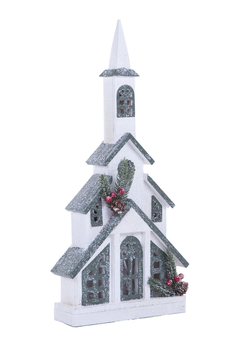 22" Geometric White and Green Wood Winter Church Warm White LED Display