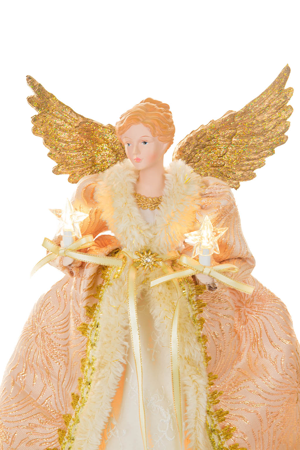 15" Pink and Ivory Cotton Regal Warm White LED Angel Tree Topper with Golden Wings