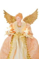 15" Pink and Ivory Cotton Regal Warm White LED Angel Tree Topper with Golden Wings