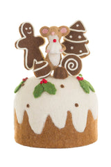11.75" White and Brown Fleece Mousey Cake Display with Gingerbread Man