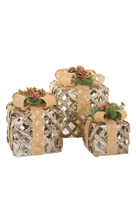 10" Set of 3 Gold & Ivory  Metal Gift Box Warm White LED Accents